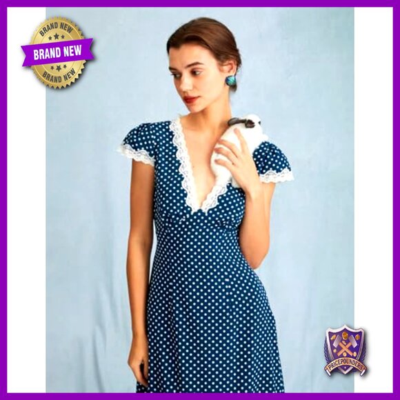 Polka Dot Lace Dress Elegant Summer Party Wear Deep V Neck Chic - Picture 4 of 7